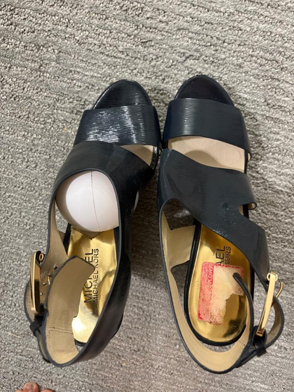 MICHAEL Michael Kors black cutout heeled sandals, gold buckle - size 7M